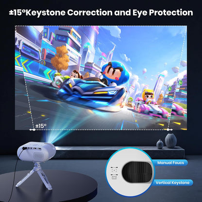 Mini Projector met Statief 1080p Ondersteuning WiFi Bluetooth Draagbare Projector, Compatibel met Smartphone, HDMI, USB, TV Stick, Thuis Buiten Slaapkamer Projector,wit