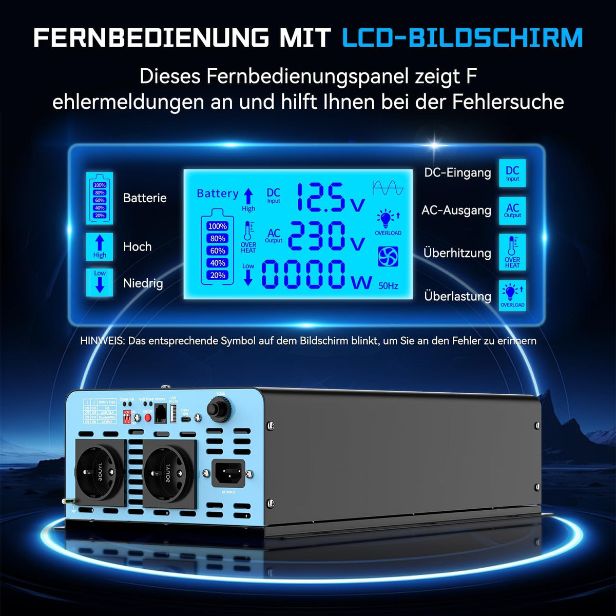 2500 W zuivere sinusomvormer met netprioriteitscircuit en laadfunctie en UPS-functie, spanningsomvormer 12 V tot 230 V, afstandsbediening met lcd-display