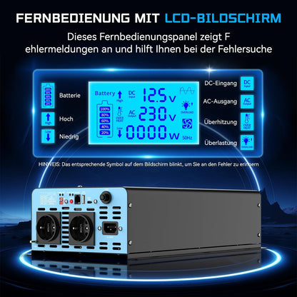 2500 W zuivere sinusomvormer met netprioriteitscircuit en laadfunctie en UPS-functie, spanningsomvormer 12 V tot 230 V, afstandsbediening met lcd-display