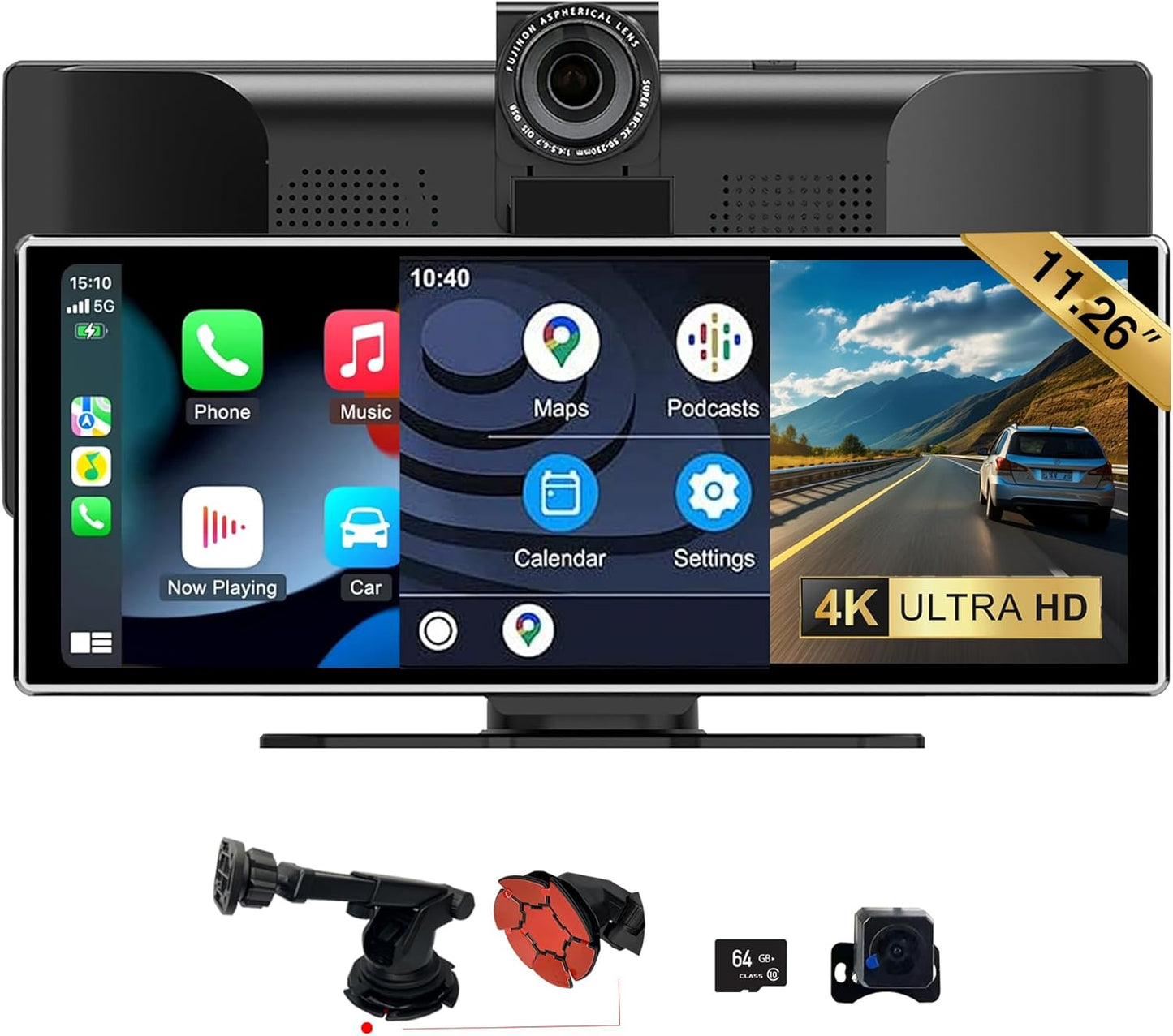 SCUMAXCON draagbare autoradio met 11,26 inch IPS-multimediascherm CarPlay/Android Auto Airplay, 4K 1080p achteruitrijcamera, BT FM-camera