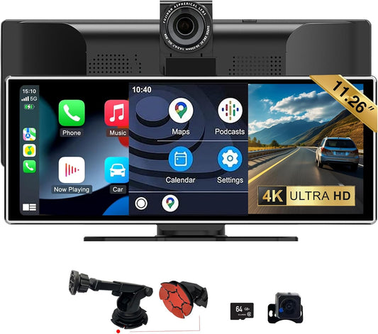 SCUMAXCON draagbare autoradio met 11,26 inch IPS-multimediascherm CarPlay/Android Auto Airplay, 4K 1080p achteruitrijcamera, BT FM-camera