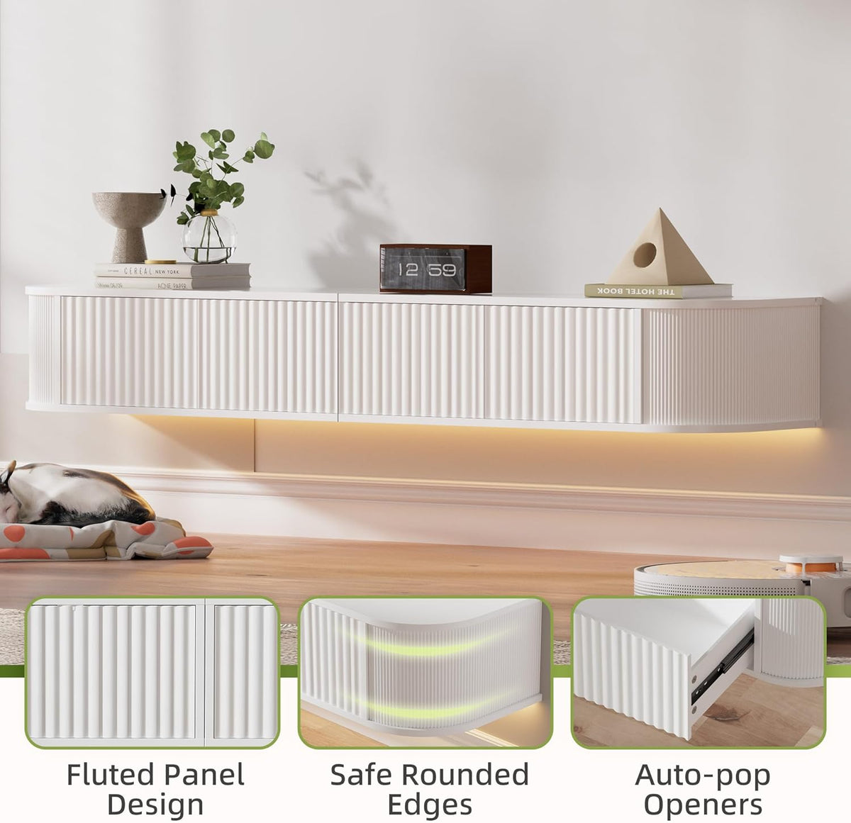 Zwevend TV-Meubel met LED-Verlichting – 140CM Wandgemonteerd TV-Kast met Verbeterde Opbergruimte & Afgeronde Randen, Moderne TV-Mediaconsol voor 43-55 Inch TV's