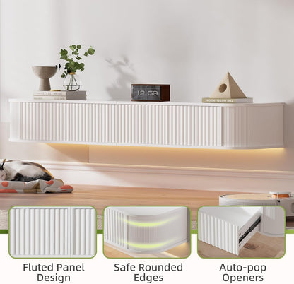 Zwevend TV-Meubel met LED-Verlichting – 140CM Wandgemonteerd TV-Kast met Verbeterde Opbergruimte & Afgeronde Randen, Moderne TV-Mediaconsol voor 43-55 Inch TV's