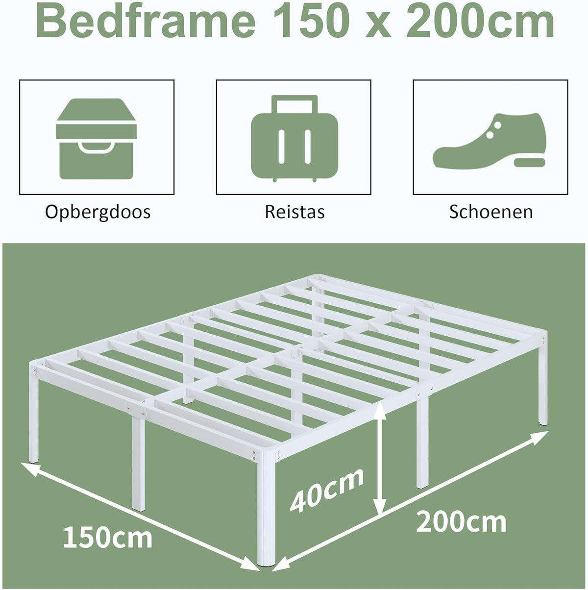 Metalen Tweedepersoonsbed 150x200 cm, Stevig Frame met Ronde Hoekpoten 41 cm, Grote Opbergruimte, Geluidsloos, Eenvoudig Montage, Wit
