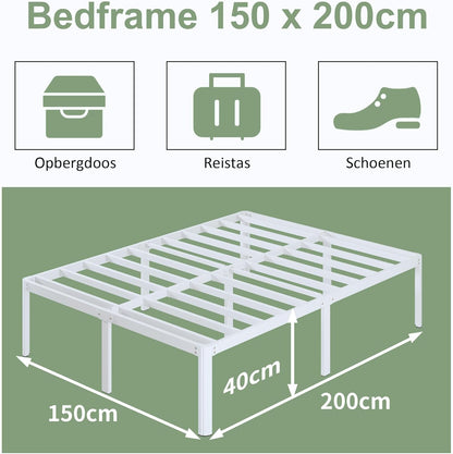Metalen Tweedepersoonsbed 150x200 cm, Stevig Frame met Ronde Hoekpoten 41 cm, Grote Opbergruimte, Geluidsloos, Eenvoudig Montage, Wit