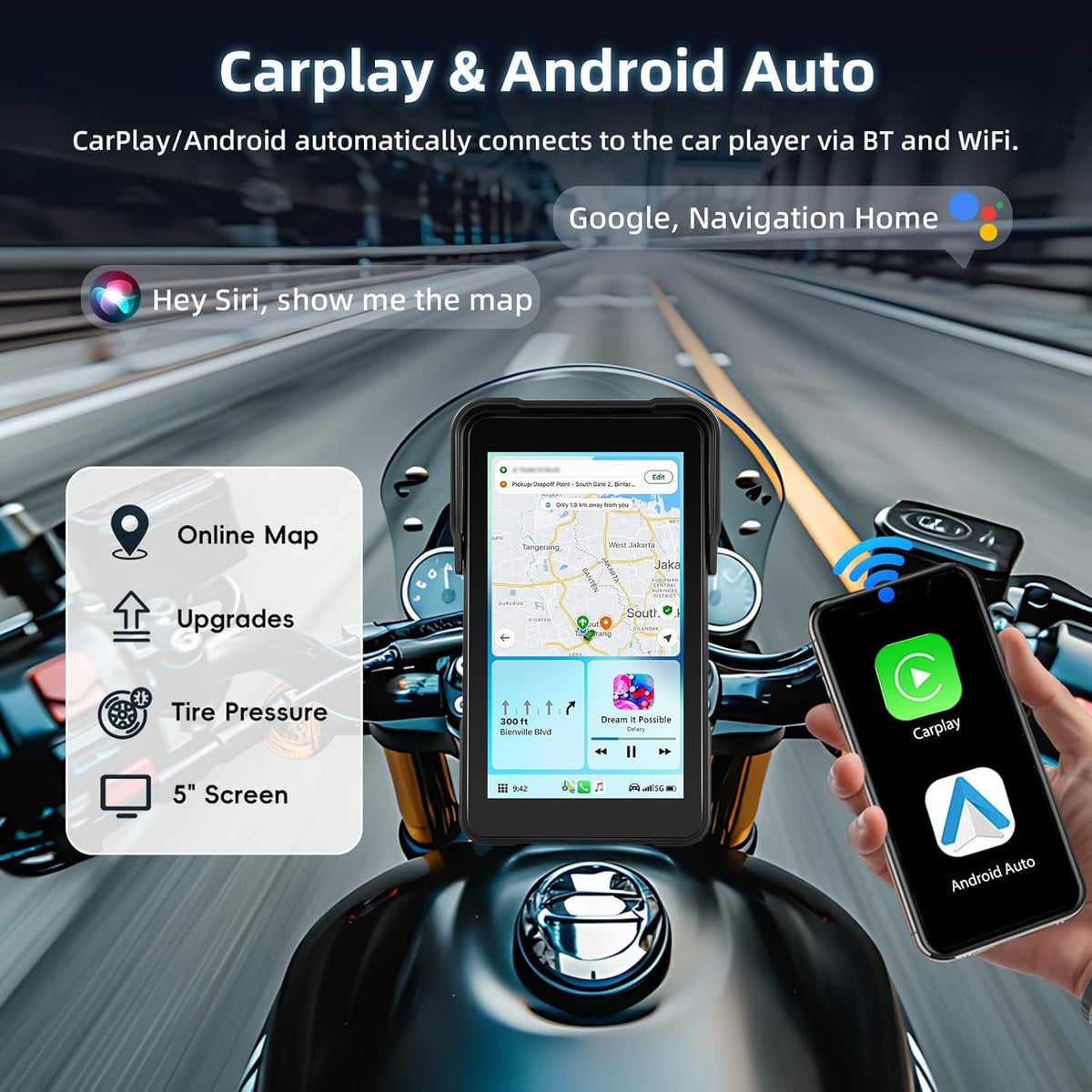 Carplay motorfiets scherm met navigatie, draagbaar 5 inch waterdicht touchscreen met draadloos CarPlay en Android auto motorfiets, bluetooth, EQ, kalibratie aanraken + SWC