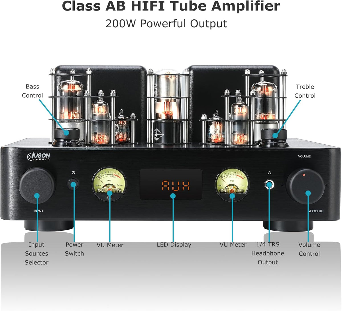 JTA100 2025 130 W buisversterker, hifi-versterker van instapklasse met BT 5.0, afstandsbediening, AUX, coax, phono en USB-ingang, subwoofer-uitgang, 2.1-kanaal voor platenspeler