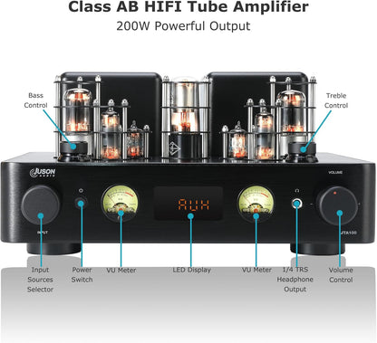 JTA100 2025 130 W buisversterker, hifi-versterker van instapklasse met BT 5.0, afstandsbediening, AUX, coax, phono en USB-ingang, subwoofer-uitgang, 2.1-kanaal voor platenspeler