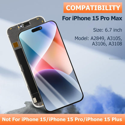 AGCUT OLED LCD-display voor iPhone 15 Pro Max lcd-display voor iPhone 15 Pro Max A2849 A3105 A3106 A3108 6,7 inch display vervanging 3D touchscreen touchscreen montage met gereedschap, zwart