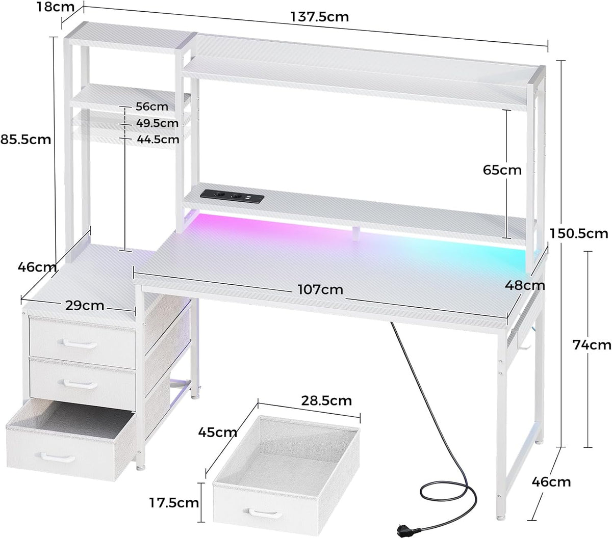 Coleshome Gamingbureau met Plank en Lades, 137×48 cm Gamebureau met LED-verlichting & Ingebouwd Stopcontact, Computertafel met Opbergplanken & Monitorstandaard, Witte Koolstofvezel