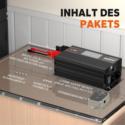 12V naar 230V Omvormer – Spanningsomvormer – Spanningsconverter – DC naar AC Omvormer – Zonnestroom Omvormer – 1000W Continu, 2000W Piekvermogen – Zuivere Sinusgolf met LCD Bewakingsscherm en 2 AC Uitgangen