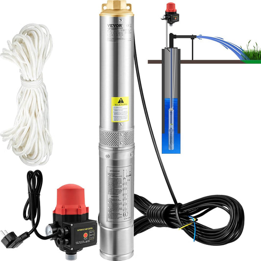 VEVOR Diepbronpomp motor met 750 W, dompelpomp voor fontein, 230 V, 50 Hz, dompelpomp voor fonteinen, maximale debiet van 105 l/min, met automatische schakelaar voor bouwland en mijnbouw