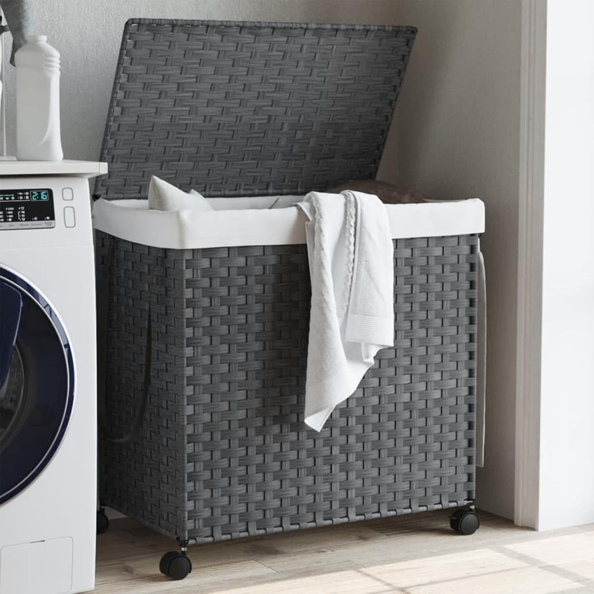 Wasmandoek – Wasmand – Waszak – Wascontainer – Wassenbak  – Inklapbaar Met Wieltjes & Remmen – 60x35x60,5 cm – Grijs
