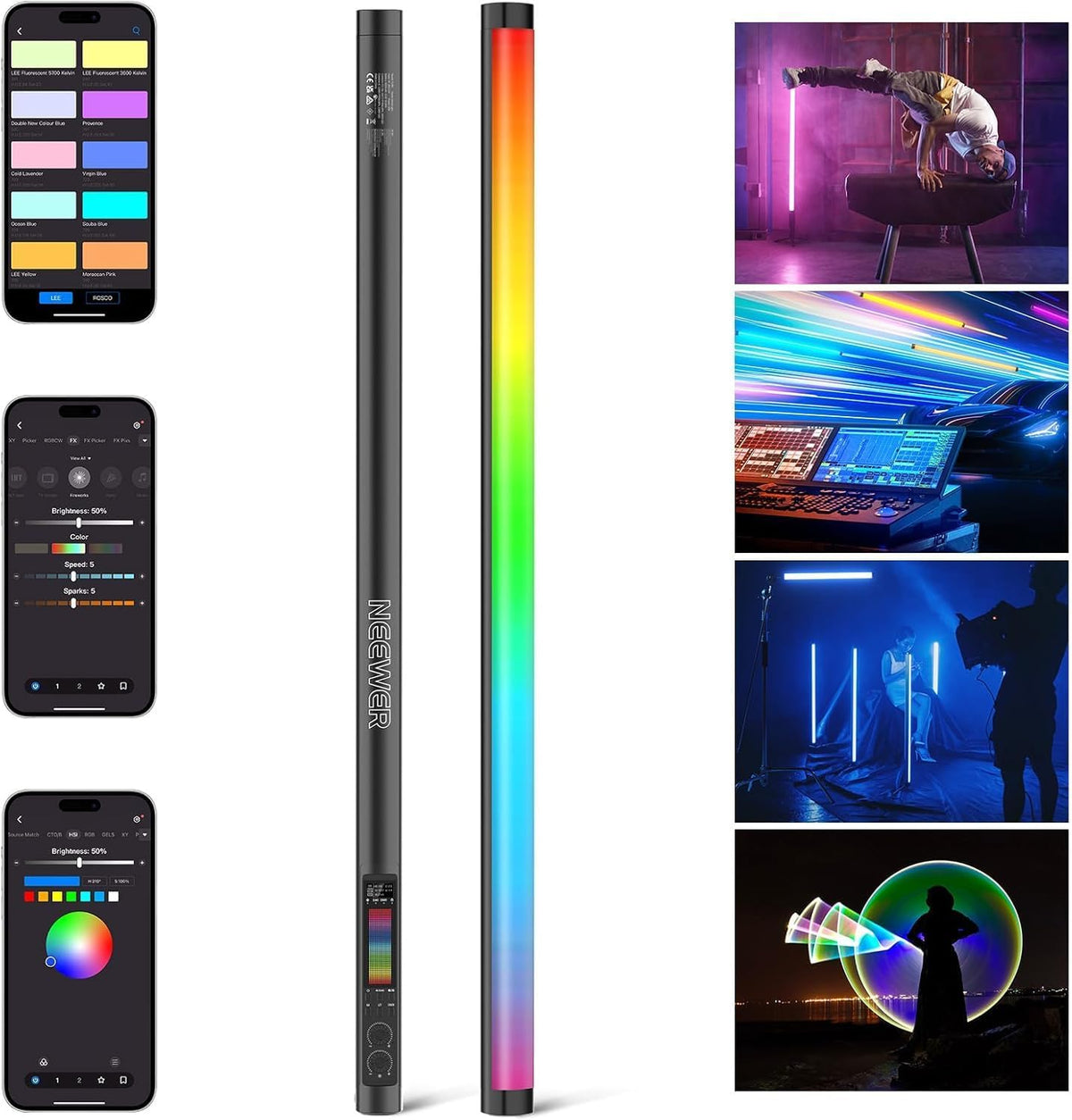 NEEWER TL60 RGB videoverlichting, RGBWW draagbare led-videolamp voor fotografie, lichtstaaf met 2,4 G app-besturing/DMX, 7 pixeleffecten, 18 scènes, 2500 K-10000 K TLCI98+, batterij 3000 mAh