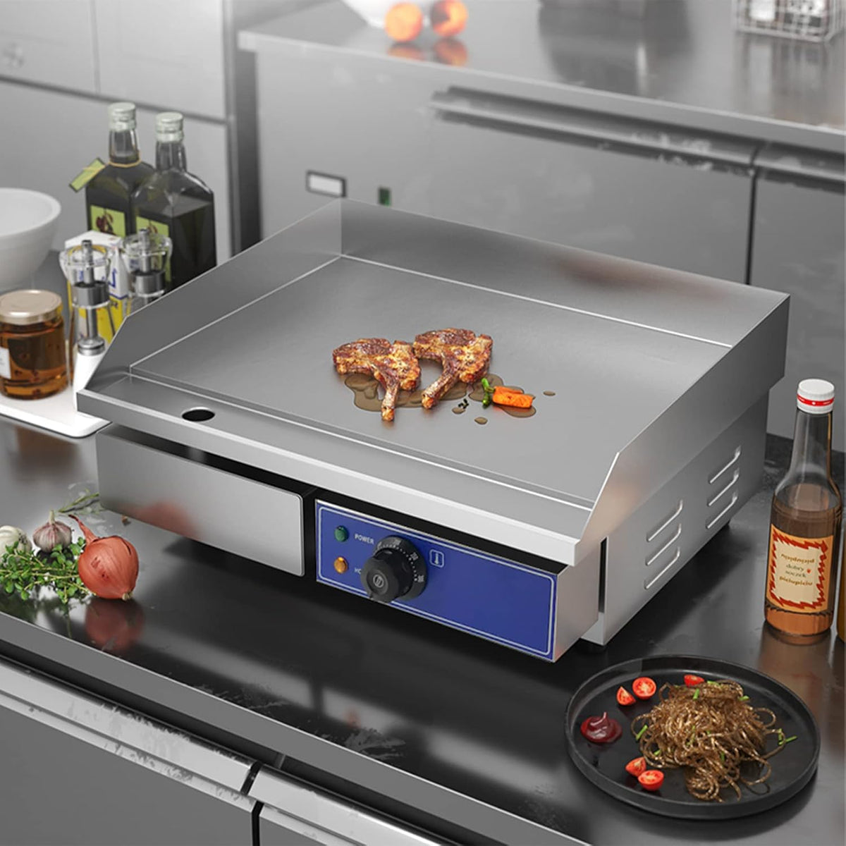 TAIMIKO Professionele elektrische grillplaat, 55 x 35,5 cm, gladde kookplaat, 2 kookzones, 3000 W, commercieel, BBQ-grillplaat, roestvrij staal, opzetbare grill met thermostaat en afneembare sapschaal