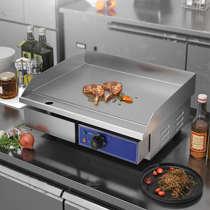 TAIMIKO Professionele elektrische grillplaat, 55 x 35,5 cm, gladde kookplaat, 2 kookzones, 3000 W, commercieel, BBQ-grillplaat, roestvrij staal, opzetbare grill met thermostaat en afneembare sapschaal