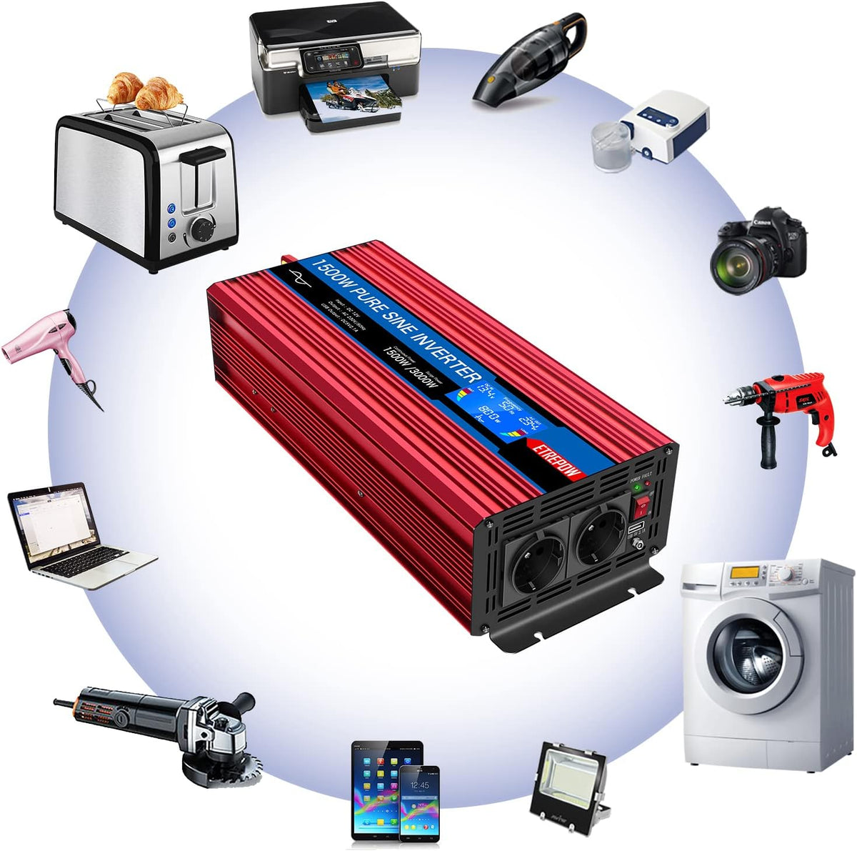 1500w/3000W Omvormer Zuivere Sinus Spanningsomvormer 12v 230v met 2 EU-Stopcontacten en 2.1A USB-Poort,draadloze afstandsbediening LCD-scherm