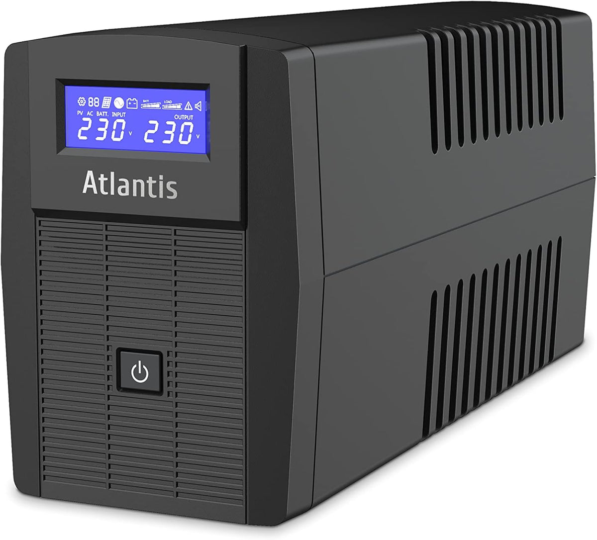 Atlantis A03-HP1003 Ononderbroken stroomvoorziening, zuivere sinusgolf, 800 VA 480 W Line Interactive, LCD-display, USB-HID-aansluiting, 2 Shuko-uitgangen + Alim-kabel, 1 accu 12 V-9 Ah,