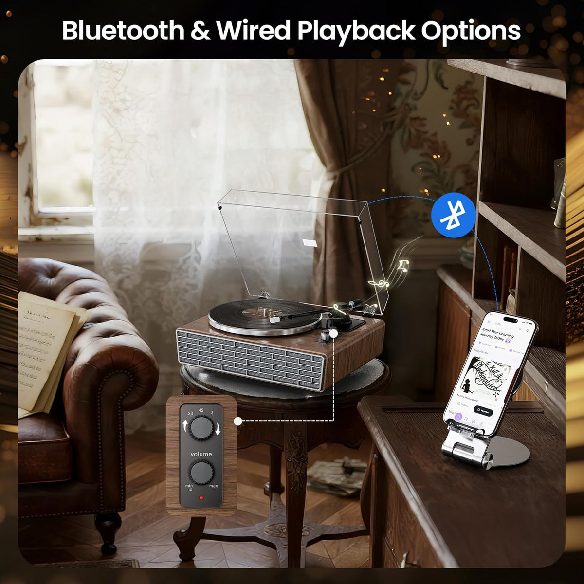 Bluetooth Vinyl Platenspeler,HiFi-draaitafel met Magnetische Cartridge AT-3600L (MM),Phono-Voorversterker,33/45RPM Riemaandrijving 2-snelheden,AUX-in (Classic)