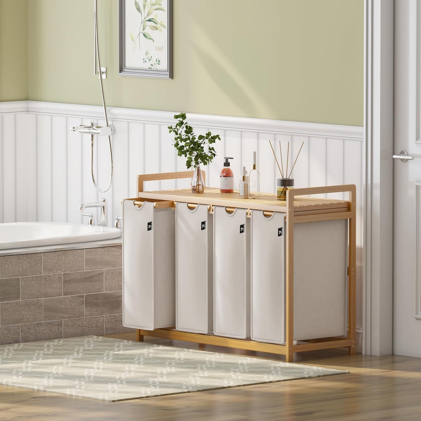 AdealDream Wasmand met bamboeframe 200L 4 vakken uittrekbare en afneembare waszak wasverzamelaar laundry baskets bamboe lichtgrijs-06-19