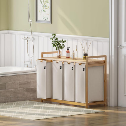 AdealDream Wasmand met bamboeframe 200L 4 vakken uittrekbare en afneembare waszak wasverzamelaar laundry baskets bamboe lichtgrijs-06-19