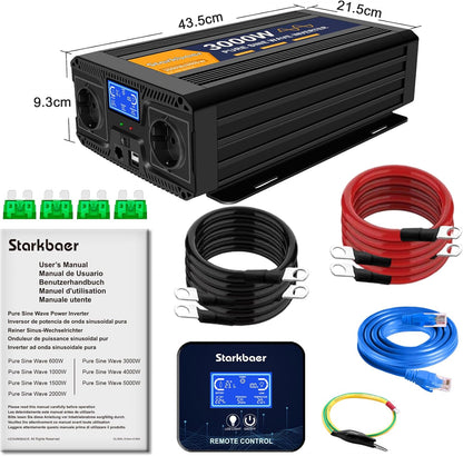 3000W omvormer 12V naar 230V zuivere sinus Spanningsomvormer stroomomvormer Inverter, 2 EU-stopcontacten, 2,4 A, USB, 5 m afstandsbediening en lcd-display voor auto's, boten, vrachtwagens