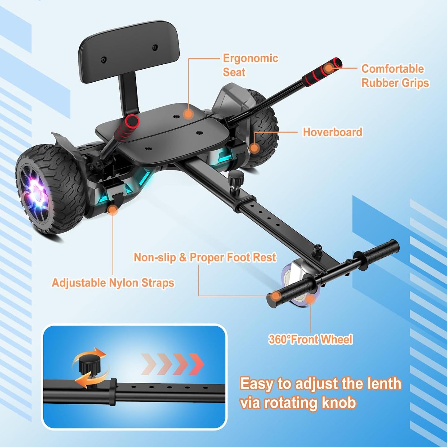 Scooter met zitting, 21,6 cm (8,5 inch), go-cart, combo met kleurrijke led-lampjes en bluetooth, voor kinderen, jongens, meisjes, volwassenen, alle leeftijden