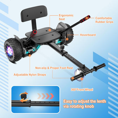Scooter met zitting, 21,6 cm (8,5 inch), go-cart, combo met kleurrijke led-lampjes en bluetooth, voor kinderen, jongens, meisjes, volwassenen, alle leeftijden
