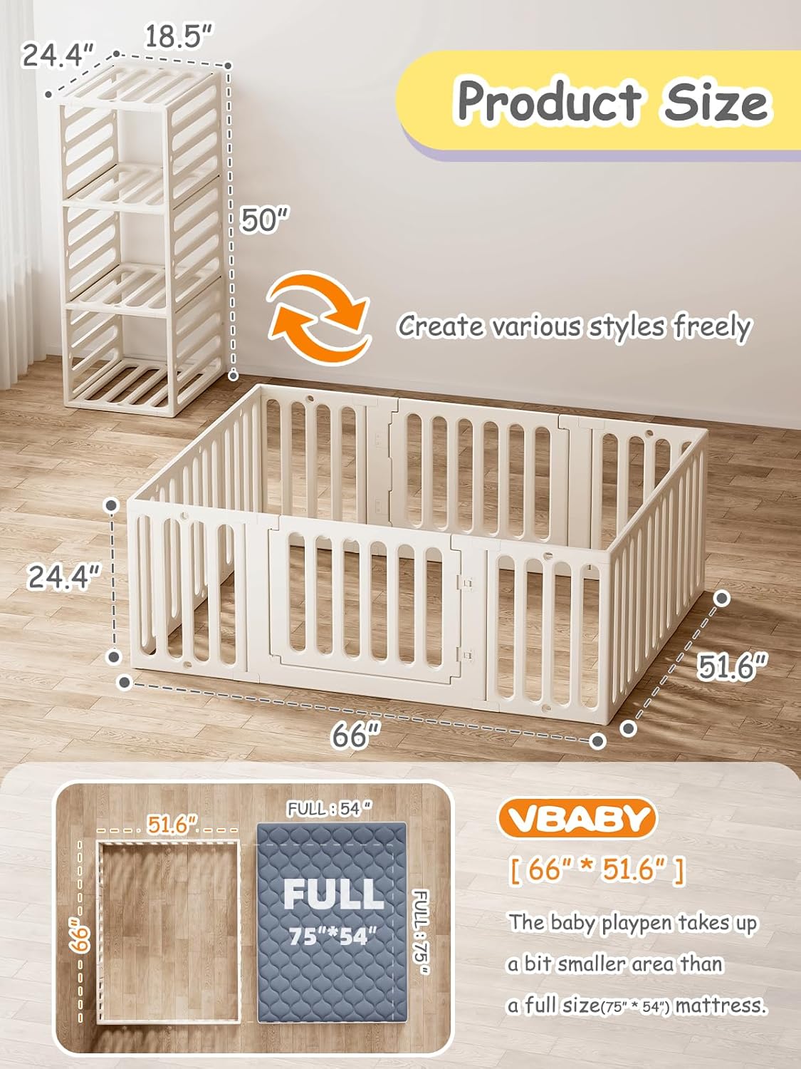 VBABY Baby Playpen for Babies Toddlers, 66 x 51 inches, Plastic Baby Play Mat for Toddler 1-3, 12 Panels Large Baby Playground, Indoor Outdoor Baby Gate, White - QUORE