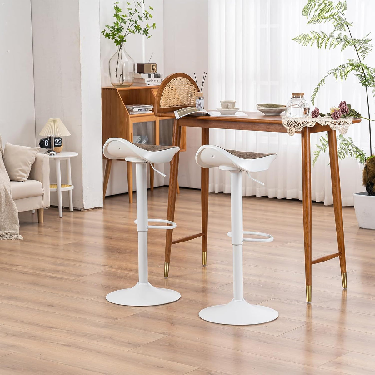 Kidol & Shellder Barkruk, eetkamerstoelen, set van 2, wit, bruin, fleece, teddy in hoogte verstelbaar, 360 graden van PU en metaal, voor huis, keuken, toonbank, bistro