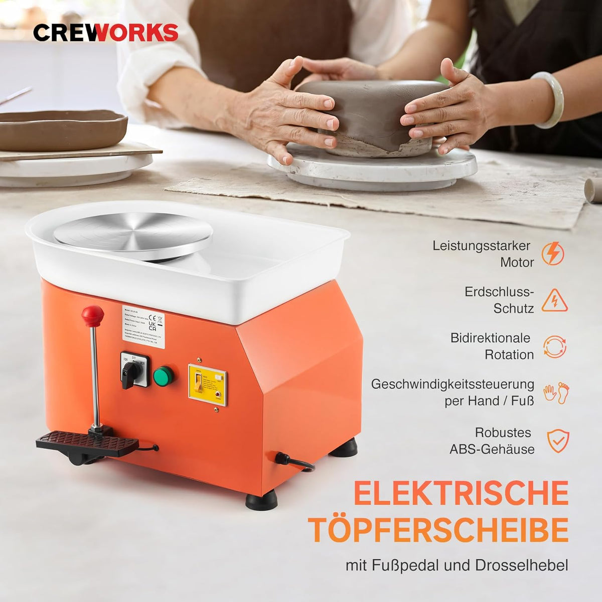 CREWORKS 350 W draaibank voor elektrisch keramiek, 25 cm, elektrische machine voor klei, Pottery Wheel met omkeerbaar wiel met 300 omw/min, gereedschapsset voor kinderen en volwassenen