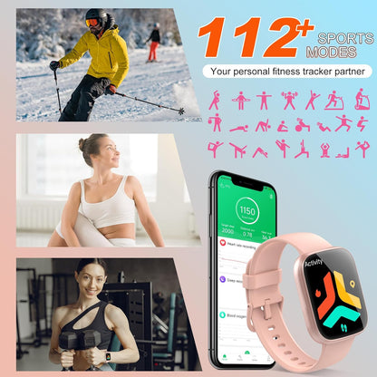 Puqo Smartwatch voor heren en dames, 1,95 inch smartwatch, oproepen beantwoorden en beantwoorden, 112 sportmodi, fitnesstracker met stappenteller, slaap-/hartslagmeter, IP68 smartwatch, lichtroze