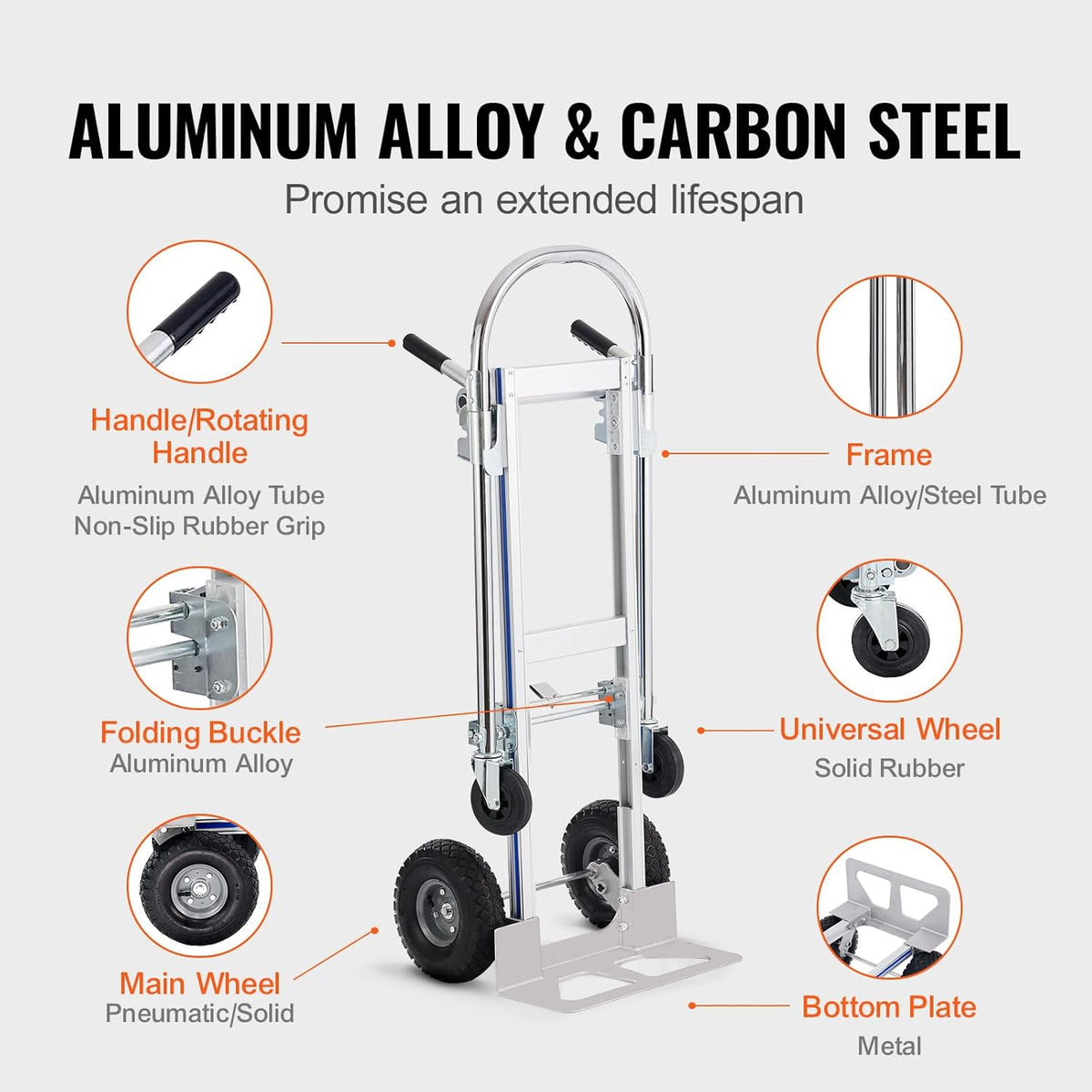 VEVOR Aluminium Trailer Truck, 2-in-1, Hand Truck, Moving Truck, Load Capacity 363 kg, Hand Truck, Convertible in Platform Truck, Rubber Wheels for Transport, Warehouse, Goods