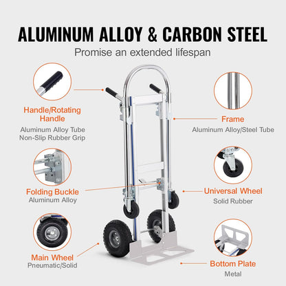 VEVOR Aluminium Trailer Truck, 2-in-1, Hand Truck, Moving Truck, Load Capacity 363 kg, Hand Truck, Convertible in Platform Truck, Rubber Wheels for Transport, Warehouse, Goods