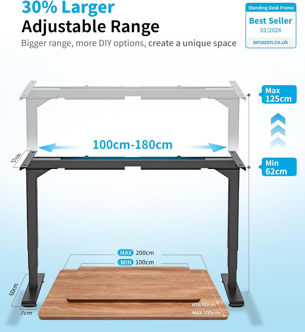 Maidesite Height Adjustable Electric Desk Height Adjustable Table Frame,Suitable for All Common Tabletops,3-Stage Lifting Legs(Black) - QUORE
