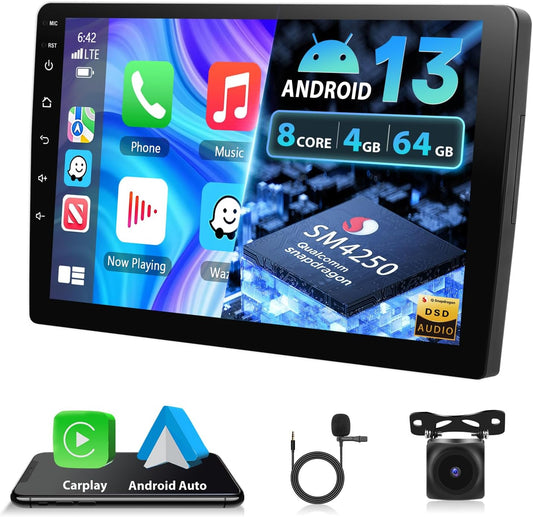 4+64G Carplay Auto Radio 2 din Android met Bluetooth, Motorsi Dubbele din Radio Auto met Scherm, Stereo Auto Support GPS -Navigatie/Mirrorlink/FM/WIFI/USB/SWC + Achteruitrijcamera + Microfoon