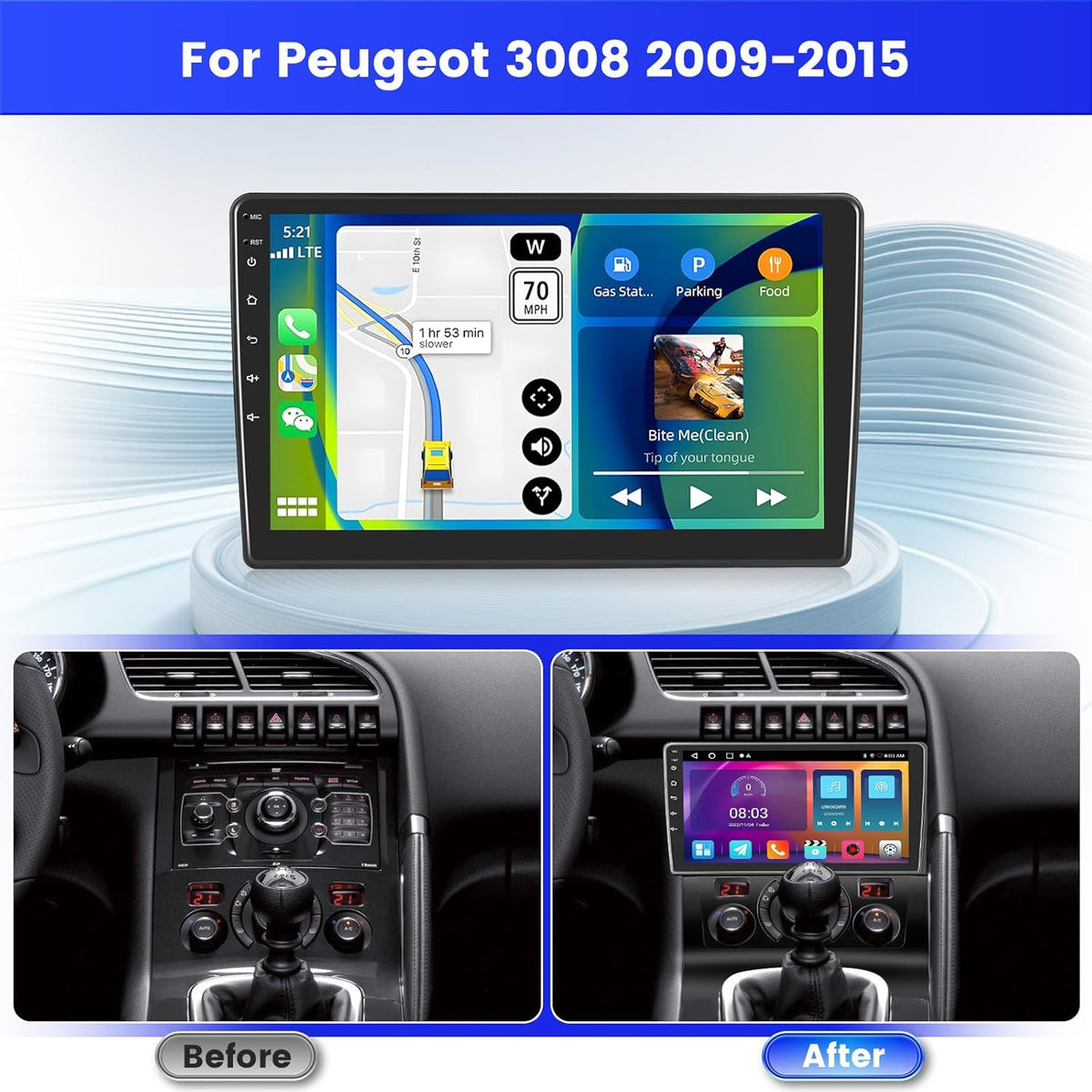 Inefala 2+64G Radio voor Peugeot 3008 2009-2015 Android met Wireless CarPlay Android Auto, 9 Inch Autoradio Bluetooth WIFI 26UI GPS FM EQ SWC AHD Achteruitkijkcamera