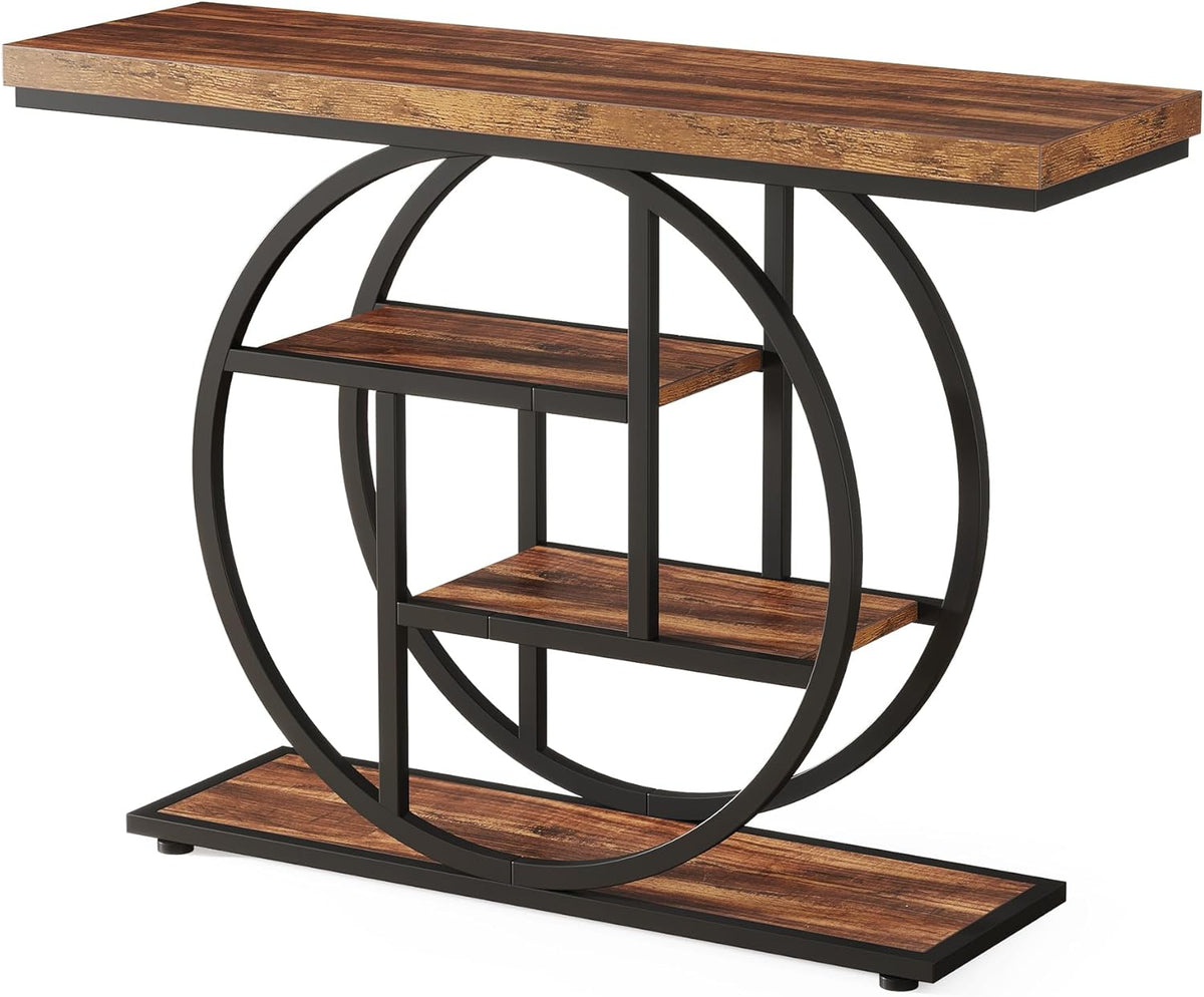 Tribesigns Console Table 105cm with 4 Levels, Narrow Industrial Sofa Table with Round Metal Frame, Wooden Entrance Table with Storage Racks for Living Room (Rustic Brown) - QUORE