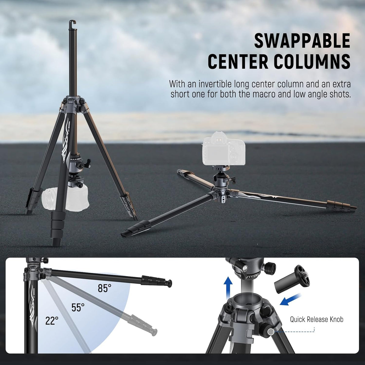 NEEWER LITETRIP LT07 Aluminium reisstatief voor camera, Pan Tilt Laag Profiel, Kogelhoofd, Arca QR-plaat, compatibel met Peak Design statiefplaat V3, dubbele as, telefoonhouder, max belasting 10 kg