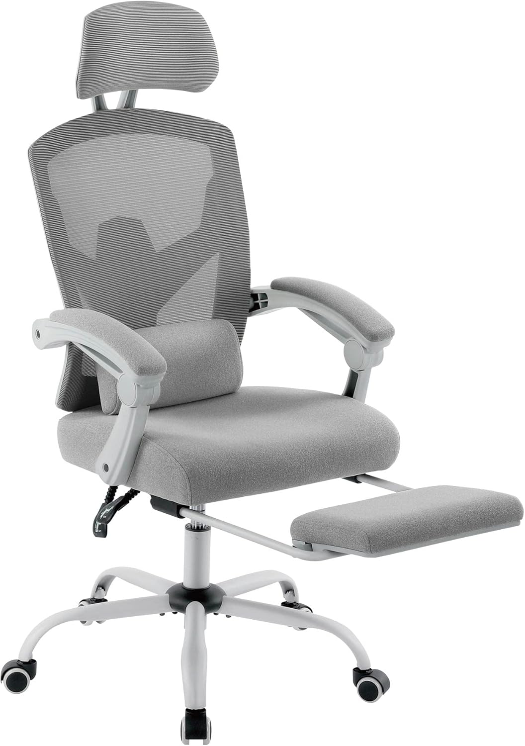 Sweetcrispy Bureau-computer-bureaustoel, gamingstoelen voor volwassenen, high-back mesh rolling draaibare rugleuningstoelen met wielen, comfortabele lendensteun, comfortabele armen, grijs