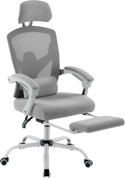 Sweetcrispy Bureau-computer-bureaustoel, gamingstoelen voor volwassenen, high-back mesh rolling draaibare rugleuningstoelen met wielen, comfortabele lendensteun, comfortabele armen, grijs