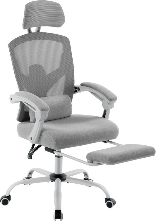 Sweetcrispy Bureau-computer-bureaustoel, gamingstoelen voor volwassenen, high-back mesh rolling draaibare rugleuningstoelen met wielen, comfortabele lendensteun, comfortabele armen, grijs