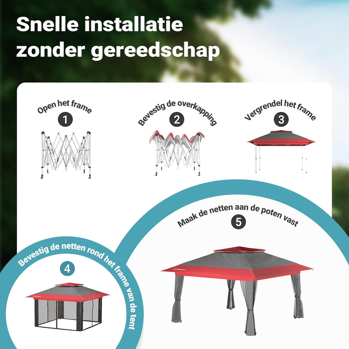 Wiltec opvouwbaar paviljoen partytent met muggennet tuinpaviljoen grijs-rood 3,92 x 3,92 m
