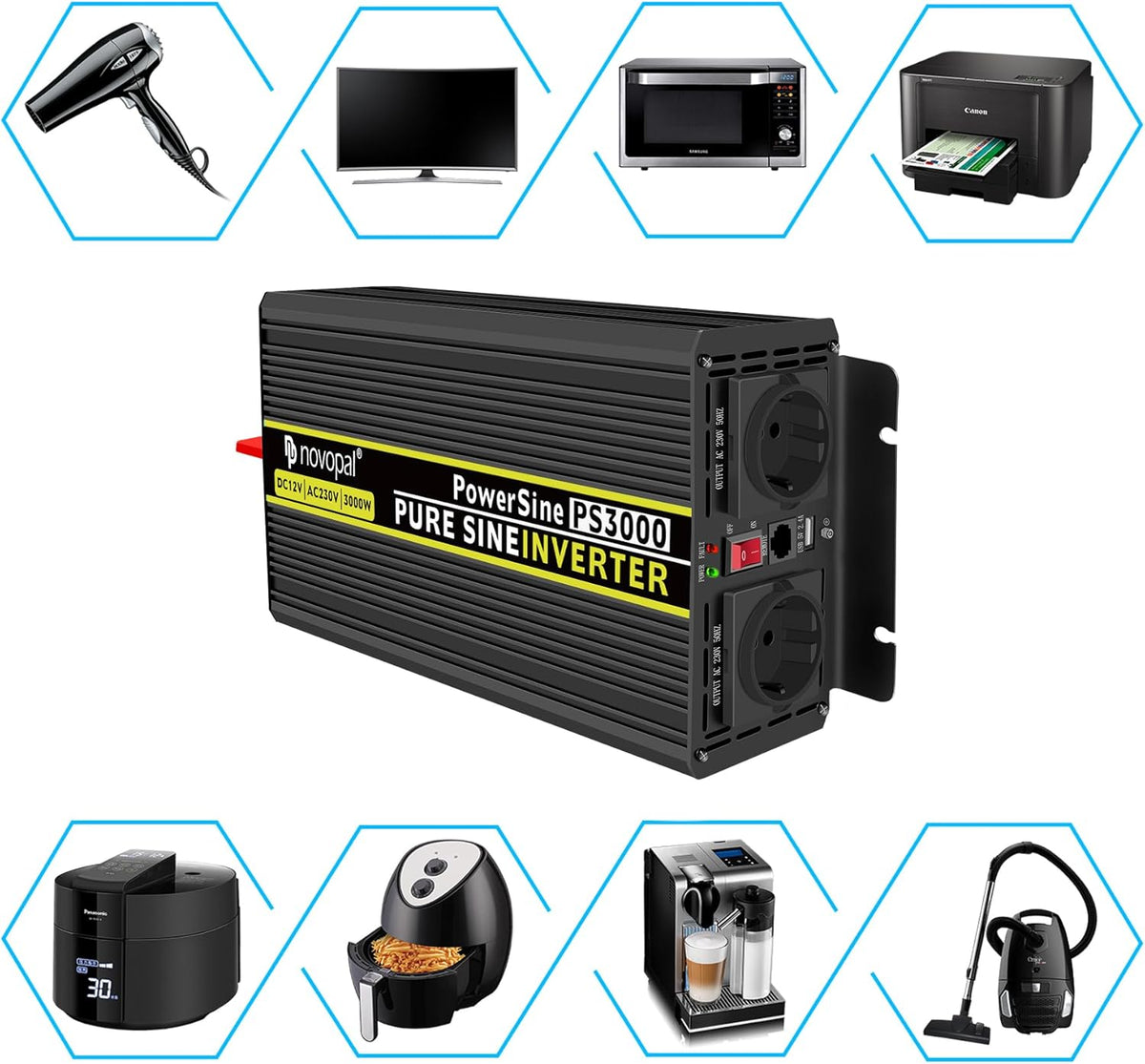 <font dir="auto" style="vertical-align: inherit;"><font dir="auto" style="vertical-align: inherit;">        novopal Power Inverter Pure Sine Wave - 3000 Watt 12V DC to 230V/240V AC Converter - 2 AC EU Outlets Car Inverter with Dual USB Ports - 5 Meter Rem