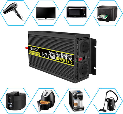 <font dir="auto" style="vertical-align: inherit;"><font dir="auto" style="vertical-align: inherit;">        novopal Power Inverter Pure Sine Wave - 3000 Watt 12V DC to 230V/240V AC Converter - 2 AC EU Outlets Car Inverter with Dual USB Ports - 5 Meter Rem