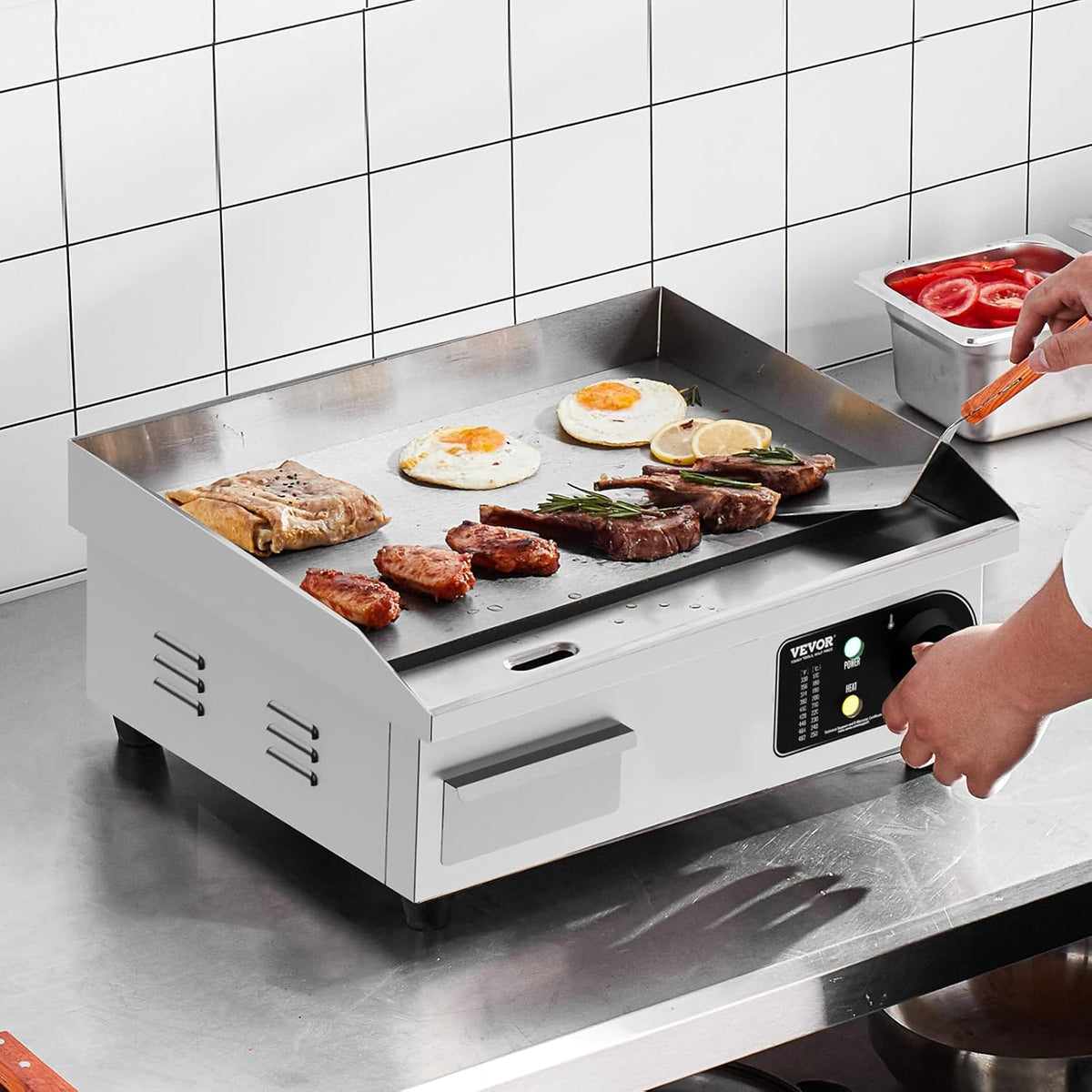VEVOR Elektrische grillplaat, 2800 W, instelbare temperatuur 50-300 °C, plaat van roestvrij staal 45 x 30 x 1 cm, met 2 vleugels en 2 borstels voor thuis of restaurant