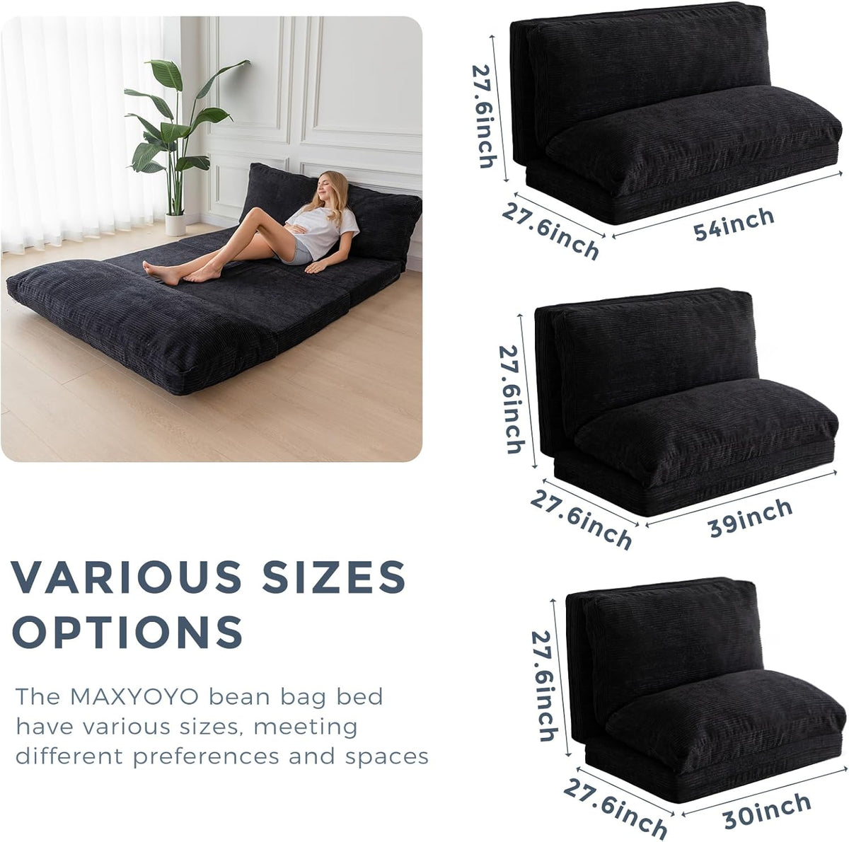 MAXYOYO Opvouwbare zitzak van corduroy met schuimvulling, extra dik, 4 lagen, matras/vloerbank voor volwassenen, afneembare en machinewasbare overtrek, zwart, 100 x 240 cm