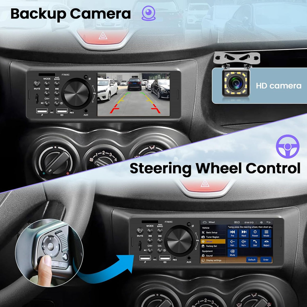 Hikity 1 DIN autoradio met 4 inch IPS touchscreen, bekabeld Carplay en Android, Bluetooth 5.1, Mirror Link, FM RDS EQ, 2USB, AUX, TF Card, MIC, achteruitrijcamera