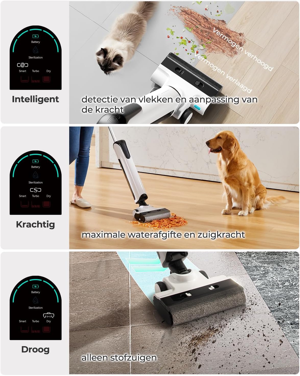 Nat-droogzuiger – Stofzuiger – Schoonmaakapparaat – Vloerreiniger – Multifunctionele Zuiger – Intelligente Vlekherkenning – 17.000 Pa Zuigkracht & 180° Ligdesign