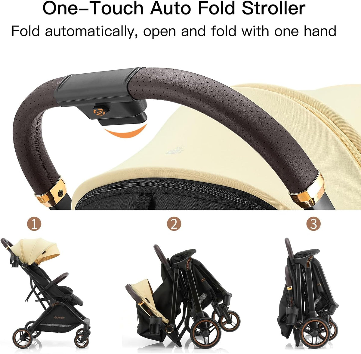 Gromast Gravity Opvouwbare babybuggy met verstelbare rugleuning en zonnedak, lichtgewicht en uv-bescherming, met één hand automatisch inklapbaar, beige